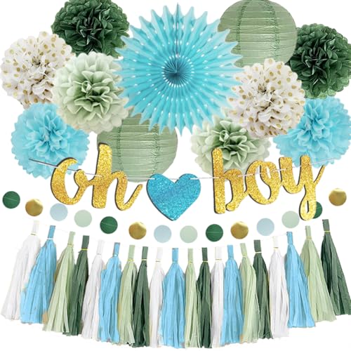 Salbeigrün und Blau Babyparty-Dekorationen für Jungen Oh Boy Banner Salbei staubiges blaues Seidenpapier Pom Poms Blumen Quasten Kreis Punkte Girlande für Baby Jungen Geschlechtsneutral Babyparty von FETETIJD