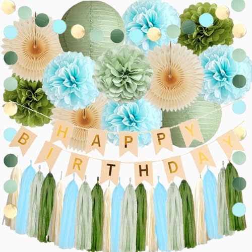 Salbeigrün und Blau Geburtstagsdekorationen Junge Olive Salbei Grün und Hellblau Geburtstagsdekorationen Beige Papierfächer Pom Poms Olive Creme Quaste Girlande Party mit Banner Beige Gold von FETETIJD