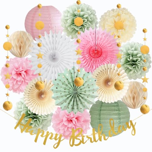 Geburtstag Deko Grün Rosa Party Deko Geburtstag Frauen Mädchen Happy Birthday Girlande Salbeigrün Rosa Seidenpapier Pompoms Papierfächer für Neutral Dekoration von FETETIJD