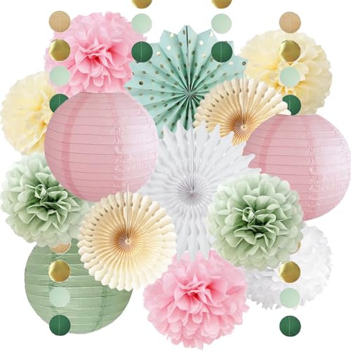 Salbeigrün und Rosa Party Deko Salbeigrün Beige Papierfächer Rosa Papierlaternen Salbei Geburtstag Mädchen Frau Deko mit Kreisgirlande für Babyparty Hochzeit Brautdusche Geburtstag Deko von FETETIJD