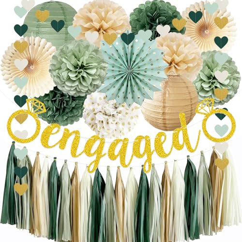 Verlobung Hochzeit Dekorationen Gold Verlobte Banner Salbeigrün Papierlaternen Olivengrün Seidenpapier Pompons Papierfächer Herz Quasten Girlande für Verlobte Hochzeit Valentinstag Party Dekoration von FETETIJD