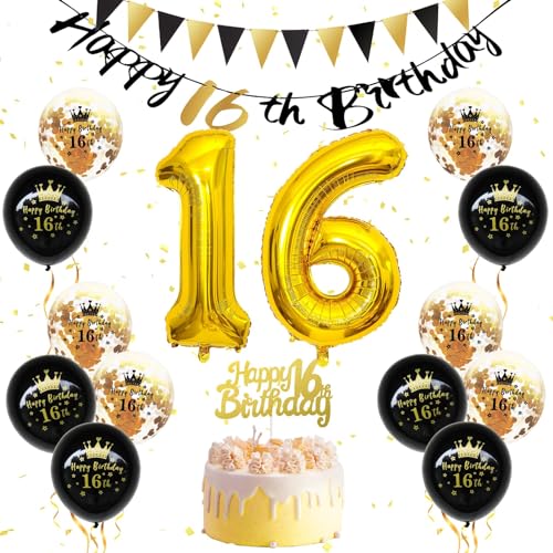 16 Geburtstag Deko Frauen Männer, Schwarz Gold Deko 16 Geburtstag Happy Birthday Geburtstagdeko Luftballons Nummer 16, Happy Birthday-Banner, schwarzgoldene Luftballons, Tortenaufsatz von FEYG