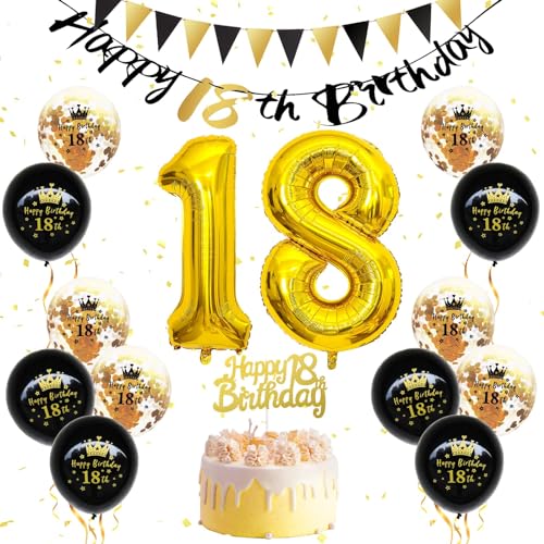 18 Geburtstag Deko, Schwarz Gold Deko 18 Geburtstag Frauen Männer, Happy Birthday Geburtstagdeko Luftballons Nummer 18, Happy Birthday-Banner, schwarzgoldene Luftballons, Tortenaufsatz von FEYG