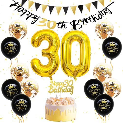 30 Geburtstag Deko Frauen Männer, Schwarz Gold Deko 30 Geburtstag Happy Birthday Geburtstagdeko Luftballons Nummer 30, Happy Birthday-Banner, schwarzgoldene Luftballons, Tortenaufsatz von FEYG