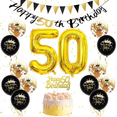 50 Geburtstag Deko, Schwarz Gold Deko 50 Geburtstag Frauen Männer, Happy Birthday Geburtstagdeko Luftballons Nummer 50, Happy Birthday-Banner, schwarzgoldene Luftballons, Tortenaufsatz von FEYG