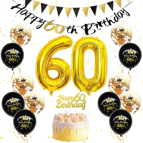 60 Geburtstag Deko, Schwarz Gold Deko 60 Geburtstag Frauen Männer, Happy Birthday Geburtstagdeko Luftballons Nummer 60, Happy Birthday-Banner, schwarzgoldene Luftballons, Tortenaufsatz von FEYG