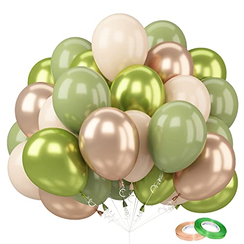 Avocadogrüne Luftballons, 60 Stück 12 Zoll Grüne Gold luftballons, Partyluftballons für Kinder, Heliumluftballons mit Schleife für Hochzeit, Geburtstag, Babyparty, Taufdekoration für Mädchen von FEYG