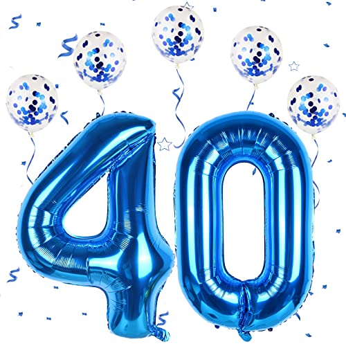 Blau Luftballon Zahlen 40, XXL Folienballon Zahl in 40" - 101cm Geburtstagsdeko mit Blau Konfetti Ballons für Männer Frauen 40. Geburtstagsparty Deko, Jubiläum Dek-fliegt mit Helium (Zahlen 40) von FEYG
