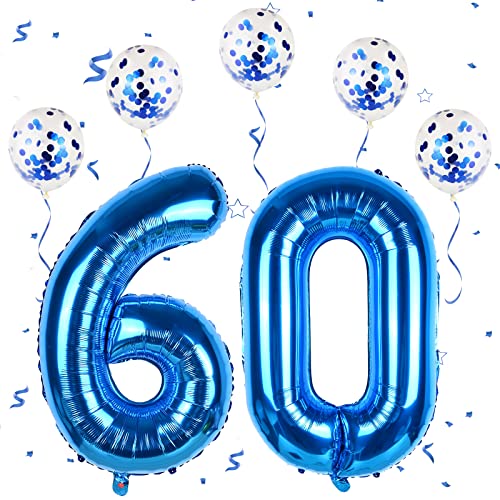 Blau Luftballon Zahlen 60, XXL Folienballon Zahl in 40" - 101cm Geburtstagsdeko mit Blau Konfetti Ballons für Männer Frauen 60. Geburtstagsparty Deko, Jubiläum Dek-fliegt mit Helium (Zahlen 60) von FEYG