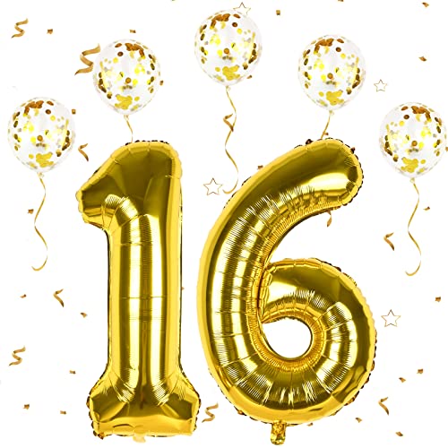 Gold Luftballon Zahlen 16, XXL Folienballon Zahl in 40" - 101cm Geburtstagsdeko mit Gold Konfetti Ballons für Junge Mädchen 16. Geburtstagsparty Deko, Jubiläum Dek-fliegt mit Helium (Zahlen 16) von FEYG