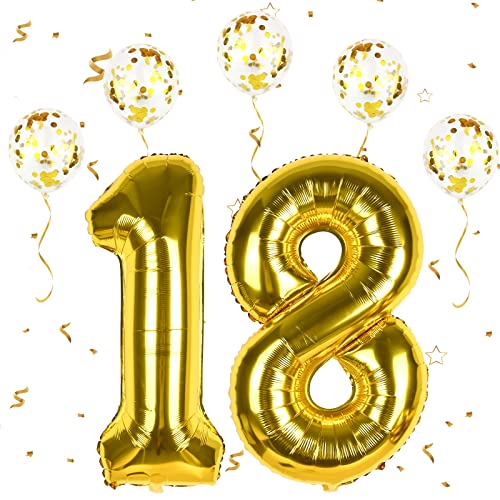Gold Luftballon Zahlen 18, XXL Folienballon Zahl in 40" - 101cm Geburtstagsdeko mit Gold Konfetti Ballons für Junge Mädchen 18. Geburtstagsparty Deko, Jubiläum Dek-fliegt mit Helium (Zahlen 18) von FEYG