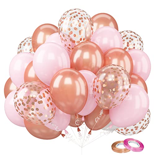 Goldrosa Ballons, 60 Stück 12 Zoll Roségold Luftballons, Partyballons für Kinder, Heliumballons mit Schleife für Hochzeit, Geburtstag, Babyparty, Partydekoration, Taufdekoration für Mädchen von FEYG