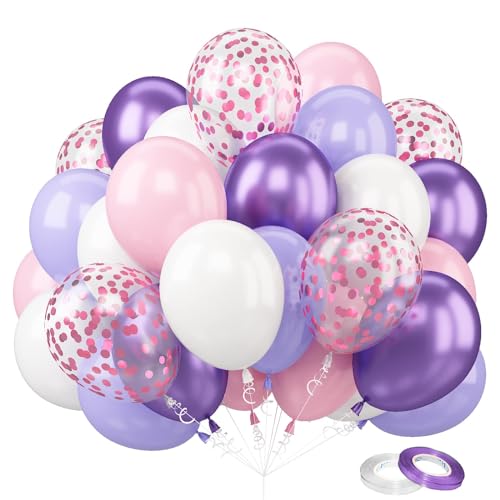 Lila Rosa Luftballons, 60 Stück 12 Zoll Rosa Weiße Luftballons, Partyballons für Kinder, Heliumballons mit Band für Hochzeit, Geburtstag, Babyparty, Partydekoration, Taufdekoration für Mädchen von FEYG