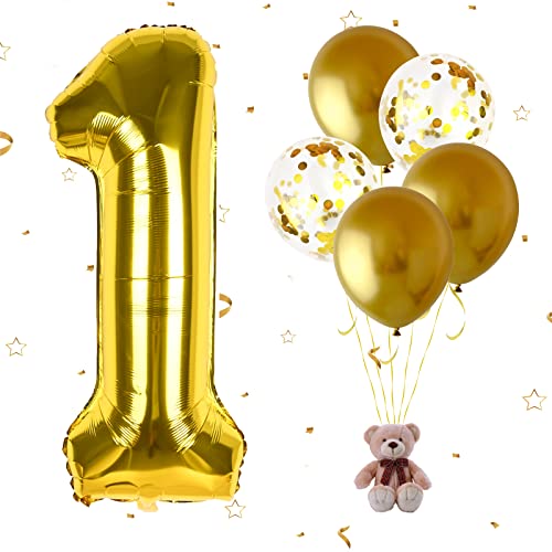 Luftballon 1. Geburtstag Zahl 1 Gold, XXL Riesige Folienballon in 40" - 101cm Geburtstagsdeko mit Metall Konfetti Ballons, Helium Ballon für Mädchen Junge Geburtstag Hochzeit Jubiläum Party Dekoration von FEYG