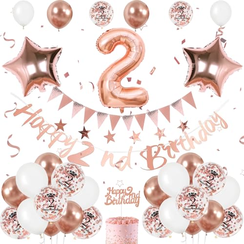 Luftballon 2. Kinder Geburtstag Roségold - Mädchen Geburtstagsdeko 2 Jahr, Banner, Zahl 2 Ballons, Tortendeko für 2. Jahre Mädchen von FEYG
