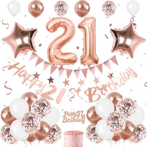 Luftballon 21. Geburtstag Roségold, 21 Geburtstag Mädchen Deko für 21. Geburtstag Mädchen Ballon 21. Geburtstag mit Banner Zahl 21 Ballons Geburtstag Tortendeko Ballon 21 Deko zum Geburtstag Mädchen von FEYG