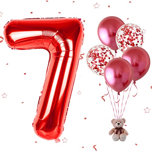 Luftballon 7. Geburtstag Zahl 7 Rot, XXL Riesige Folienballon in 40" - 101cm Geburtstagsdeko mit Metall Konfetti Ballons, Helium Ballon für Mädchen Junge Geburtstag Hochzeit Jubiläum Party Dekoration von FEYG