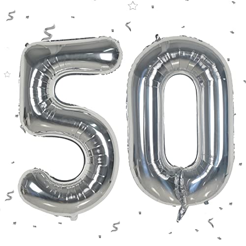 Luftballon Geburtstag Nr. 50 XXL Silber, Riesige Folienballon in 40" - 101cm Geburtstagsdeko, Krone Ballon Zahl Deko für Männer Frauen Geburtstagsparty, Jubiläum Deko (Nummer 50) fliegt mit Helium von FEYG