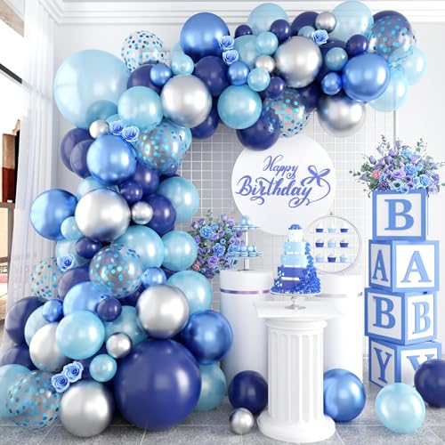 Luftballon Girlande Blau, Blau und Silber Luftballons, Ballons Geburtstag Blau mit Metallic Silber Metallic Blau Latex Ballons Set 18 12 10 5 Zoll für Geburtstag Hochzeit Baby Shower Abschluss Party von FEYG