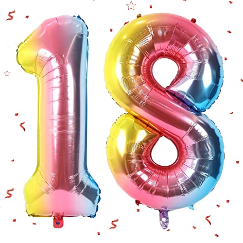 Luftballon Zahlen 18, Gradient Regenbogen Luftballon 18 Geburtstag, Riesige Folienballon in 40" - 101cm Geburtstagsdeko, XXL Helium Ballons Zahl Deko für Geburtstagsparty, Jubiläum Deko (Nummer 18) von FEYG