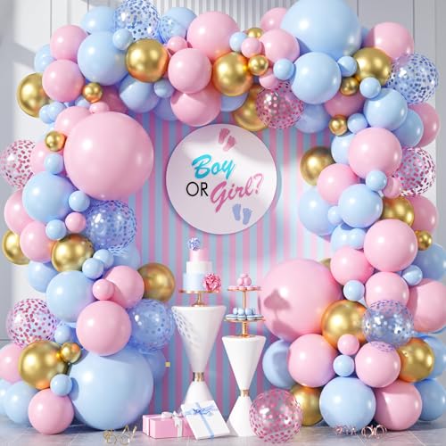 Luftballons Blau und Rosa, Gender Reveal Luftballons Girlande mit Rosa Blau Konfetti Metallic Gold Latex Ballons, 18 12 10 5 Zoll Blau Rosa Ballons für Jungen Mädchen Baby Shower Geburtstag Hochzeiten von FEYG