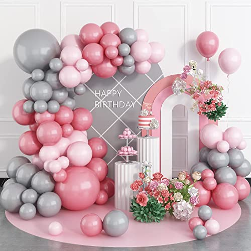 Luftballon Girlande Rosa, Latex ballon Girlande Kit Geburtstag Deko, 5 10 18 Zoll rosa und graue Geburtstagsballons DIY für Babyparty, Boho-Hochzeit, Jubiläum, Abschlussfeier-Dekoration von FEYG