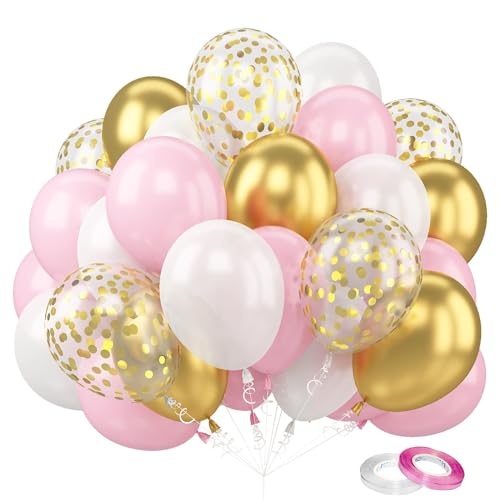 Rosa Gold Luftballons, 60 Stück 12 Zoll Rosa Gold Weiße Luftballons, Party Luftballons für Kinder, Helium Luftballons mit Schleife für Hochzeit, Party Dekorationen, Taufdekorationen für Mädchen von FEYG