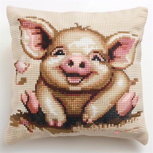 FFDONGTEGO Knüpfen Set Schwein Knüpfkissen Zum Selber Knüpfen 43X43cm DIY Stickset Handarbeiten Kissenbezug Couchkissen Dekokissen für Sofa Schlafzimmer Zuhause von FFDONGTEGO