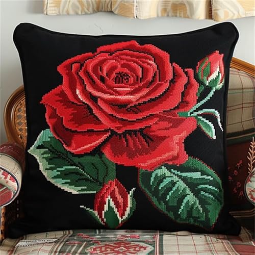 FFDONGTEGO Knüpfhaken Set Kissen Rose Knüpfen Set Erwachsene Vorgedruckt 17x17 Inch 3D Stickset Kissenbezug Couchkissen Sofakissen Handarbeiten für Wohnzimmer Schlafzimmer von FFDONGTEGO