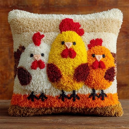FFDONGTEGO Knüpfkissen Zum Selber Knüpfen,Bauernhof Hühnerfamilie,Knüpfen Set Erwachsene Anfänger Kissen DIY Kissenbezug Zierkissen für Sofa Schlafzimmer Dekor,17x17in von FFDONGTEGO