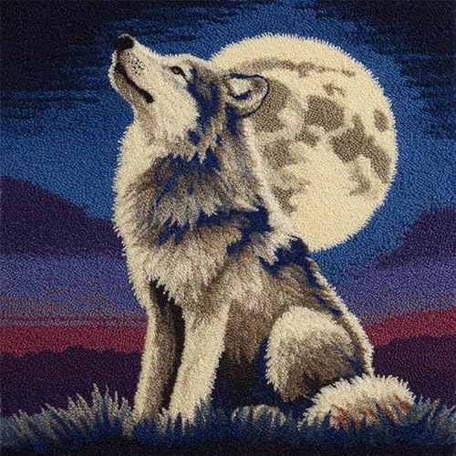 FFDONGTEGO Knüpfkissen Zum Selber Knüpfen,Wolf unter dem Mond,DIY Knüpfteppich Knüpfpackung,Knüpfhaken Set,Sofakissen Dekoration,17x17in von FFDONGTEGO