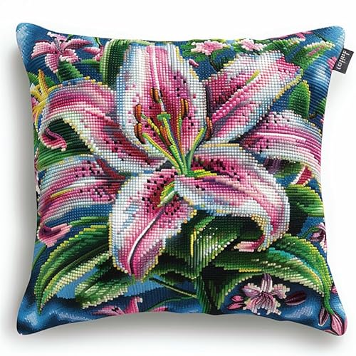 FFDONGTEGO Kreuzstichkissen Set Vorgedruckt Lilie Kreuzstich Set Erwachsene Vorgedruckt 11ct DIY Dekokissen Mit Stickgarn Sofakissen Mit Reißverschluss für Sofa Schlafzimmer 45X45cm von FFDONGTEGO