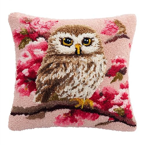 FFDONGTEGO Latch Cushion Set,Eule Vogel auf einem Ast,Latch Hook Cushion Kit DIY Kreuzstich Knüpfkissen Stickerei Knüpf-Sets Kissen Knüpfen Knotting and Weaving,43x43cm von FFDONGTEGO