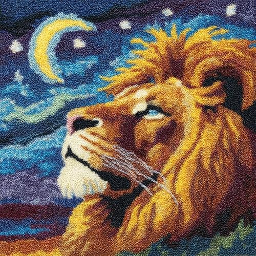 Knüpfkissen Kissen Set,Löwe unter dem Sternenhimmel,Deko Kissenbezug Knüpfset für Anfänger Basteln Erwachsene Kreativ DIY Handarbeit Set Latch Hook Kit,43x43cm von FFDONGTEGO
