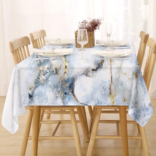 Tischdecke Abwaschbar Fleckschutz Tischdecke 140x140 cm Eckig Pflegeleicht Tischwäsche Wasserdicht Lotuseffekt Tischdecke Blau Gold Tischdecke Marmor Tischtuch für Küche, Esstisch, Couchtisch von FFFASFY