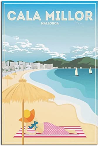 FFIME Cala Millor Strand Mallorca Vintage Reiseposter Heimdekoration Leinwand Wandkunstdruck für Wohnzimmer Bild 50x70cm Ungerahmt von FFIME