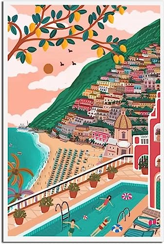 FFIME Portofino Amalfiküste Vintage Reiseposter Leinwand Bilder Dekorative Gemälde Drucke Wand 60x90cm Ungerahmt von FFIME