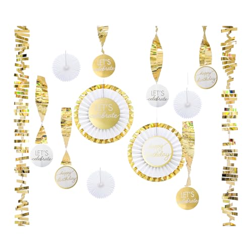 Golden Birthday Decorations Kit - 13-teiliges Luxus Gold & Weiß Papierfächer Metallic Goldfolie Geburtstag Party Dekor Set für alle Altersgruppen Golden Birthday Decorations Kit - 13-teiliges Luxus Gold & Weiß Papierfächer Metallic Goldfolie Geburtstag Party Dekor Set für alle Altersgruppen von FFNCLKCH