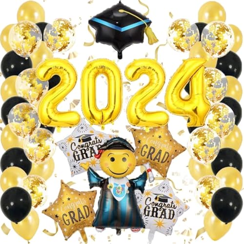 Graduation Deko 2025 Ballons,Schwarz Gold Abschluss Deko XXL Folienballon Mit Abschlussfeier Graduation Hat,Abitur 2025 Ballon für Abschlussfeier Party Dekoration,54 Pcs Set Bachelor Geschenk von FFTANXS