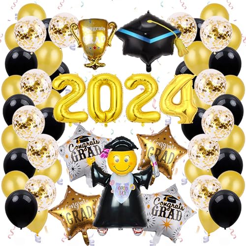 Bachelor Congratulations Deko 2024 Ballons, Schwarz Gold Abschluss Deko XXL folienballon bachelor hut, Abitur 2024 Abschlussfeier Party Dekoration, 55 Pcs Set Bachelorgeschenk Große Größe Höhe 100cm von FFTANXS