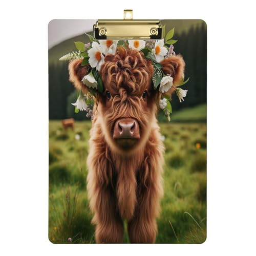 FFYHO Klemmbrett mit schottischem Hochlandkuh, Blumen, Acryl mit flachem Profil, goldener Clip, Grünland-PVC-Clipboard, A4-Größe, glattes Schreiben für Kinder, Studenten, Krankenschwestern, Arbeit von FFYHO