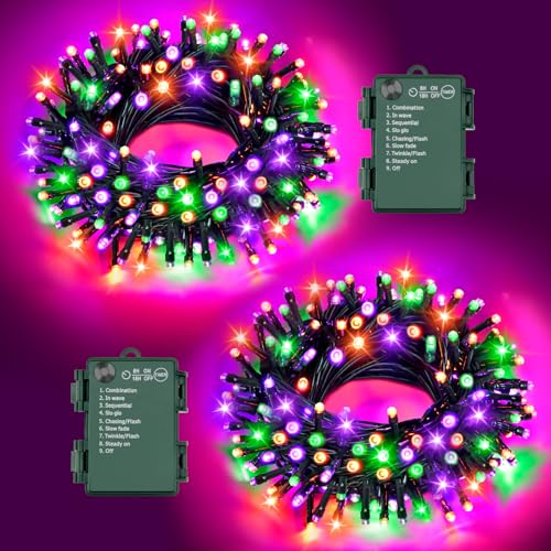 FFZZKJ Halloween Lichterkette Batterie Insgesamt 100LED 10M mit Timer 8 Modi Wasserdicht Lichterkette Außen Innen 50LED*2 5M*2 für Halloween Deko Outdoor, Orange&Lila&Grün FFZZKJ Halloween Lichterkette Batterie Insgesamt 100LED 10M mit Timer 8 Modi Wasserdicht Lichterkette Außen Innen 50LED*2 5M*2 für Halloween Deko Outdoor, Orange&Lila&Grün von FFZZKJ