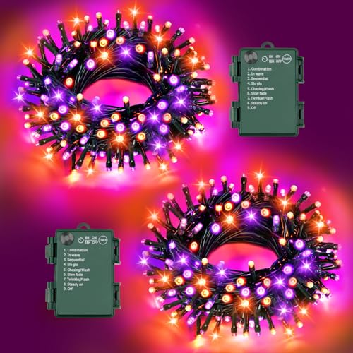 FFZZKJ Halloween Lichterkette Batterie Insgesamt 100LED 10M mit Timer 8 Modi Wasserdicht Lichterkette Außen Innen für Halloween Deko Outdoor, Orange&Lila von FFZZKJ