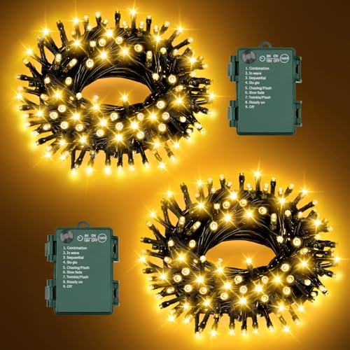 FFZZKJ Lichterkette Batterie außen Innen Timer 8 Modi Insgesamt 10M 100 LED Wasserdicht Lichterkette Außen für Weihnachten, 2 Stück, Warmweiß von FFZZKJ