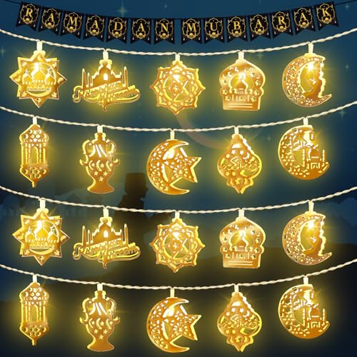 FFZZKJ Ramadan Lichterkette 3M 20LED Eid Mubarak Dekoration mit Ramadan Mubarak Banner Dekoration Batteriebetrieben Stern Mond Lichterkette für Muslim Ramadan, Heim Dekoration Party Zubehör, Golden von FFZZKJ