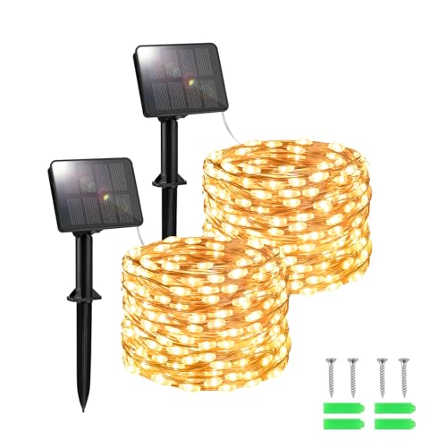 FFZZKJ Solar Lichterkette Außen Solar 100LED 5Mx2 Stück Solarlichterkette Außen Wetterfest 8 Modi für Gartendeko, Terrasse, Warmweiß von FFZZKJ