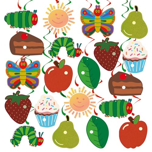 20 Stück grüne Raupe hängende Wirbel, Raupe und Obst Geburtstag hängende Luftschlangen Wirbel, Cartoon kleiner Schmetterling Deckendekor für hungrige Raupe Mottoparty, erster Geburtstag, Babyparty von FGBB
