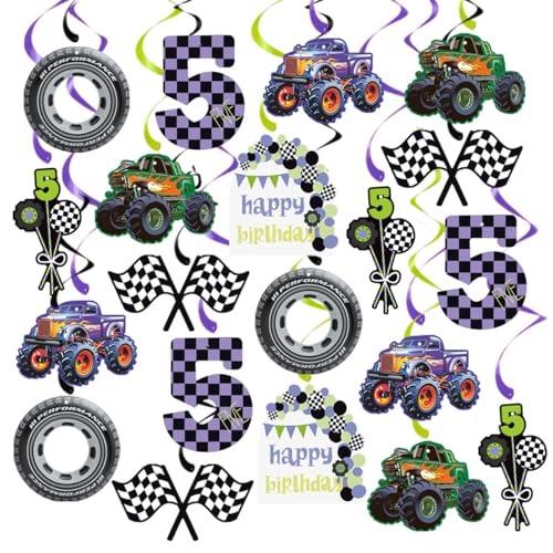 Monster-Truck-Hängewirbel, Monster Jam 5. Geburtstag, hängende Luftschlangen, Grün und Lila, Rennwagen, Geburtstag, Deckendekoration, für 5. LKW-Mottoparty, 20 Stück Monster-Truck-Hängewirbel, Monster Jam 5. Geburtstag, hängende Luftschlangen, Grün und Lila, Rennwagen, Geburtstag, Deckendekoration, für 5. LKW-Mottoparty, 20 Stück von FGBB