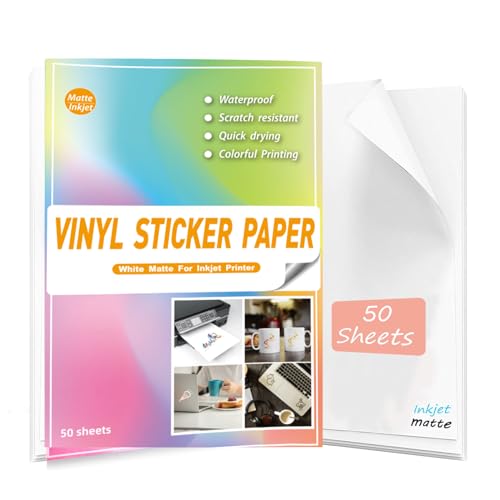 Wasserfestes, bedruckbares Vinyl-Aufkleberpapier für Tintenstrahldrucker – 50 50 mattweiße Vinyl-Aufkleberpapiere, weiße Aufkleber, Cricut-Blätter A4 – hält Tinte wunderbar und trocknet schnell Wasserfestes, bedruckbares Vinyl-Aufkleberpapier für Tintenstrahldrucker – 50 50 mattweiße Vinyl-Aufkleberpapiere, weiße Aufkleber, Cricut-Blätter A4 – hält Tinte wunderbar und trocknet schnell von FGGNCBL