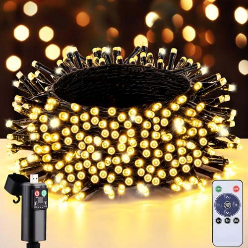LED Lichterkette Außen Batterie Timer - 15M 150 LED USB Weihnachtsbeleuchtung Aussen Warmweiß Mit Fernbedienung / 8 Modi, Wasserdicht Christmas Tree Lights Outdoor Für Balkon Garten Party Innen von FGRYB